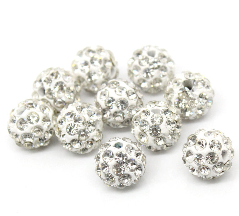6 WHITE Polymer Clay and Clear Pave' Rhinestone Beads, round 10mm  pol0105