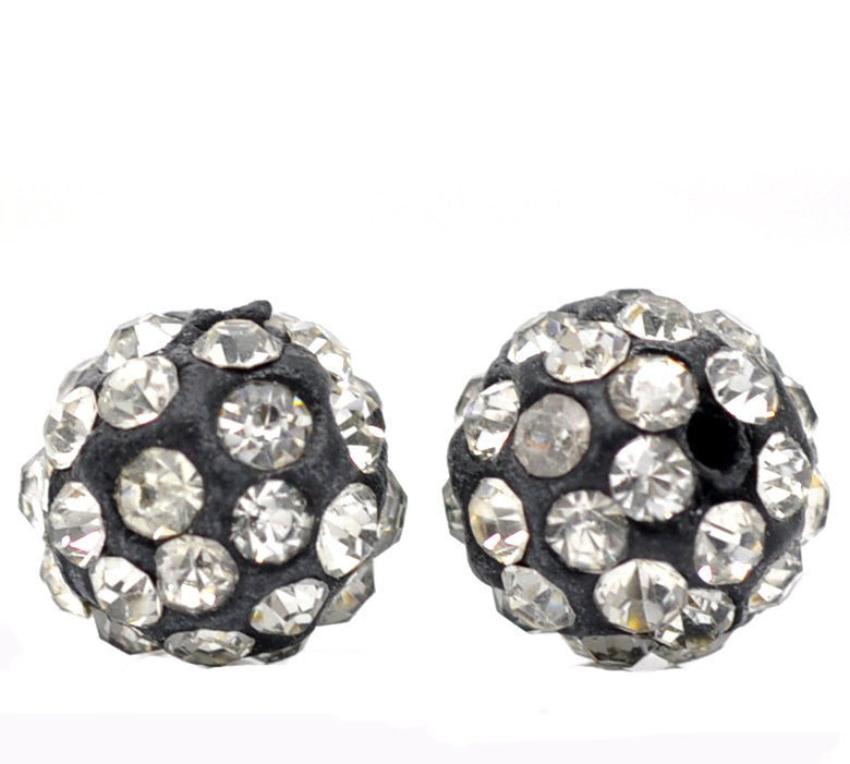 6 BLACK Polymer Clay and Clear Pave' Rhinestone Round Beads, 10mm  pol0106