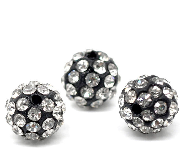 6 BLACK Polymer Clay and Clear Pave' Rhinestone Round Beads, 10mm  pol0106