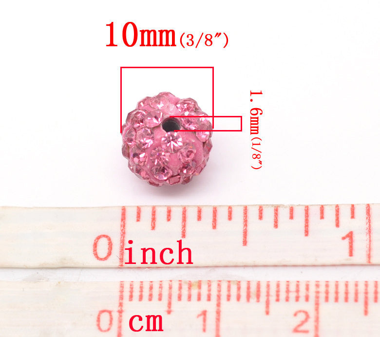 10 PINK Polymer Clay and Pave' Rhinestone Beads, 10mm  pol0107