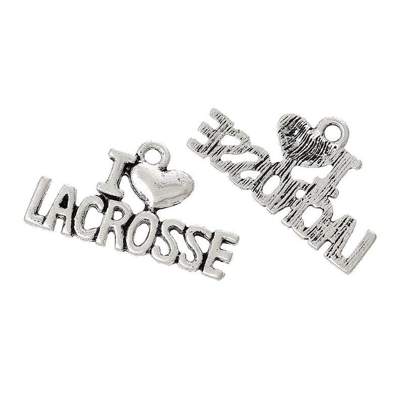 5 Antique Silver I LOVE Lacrosse Charm Pendants  chs1370