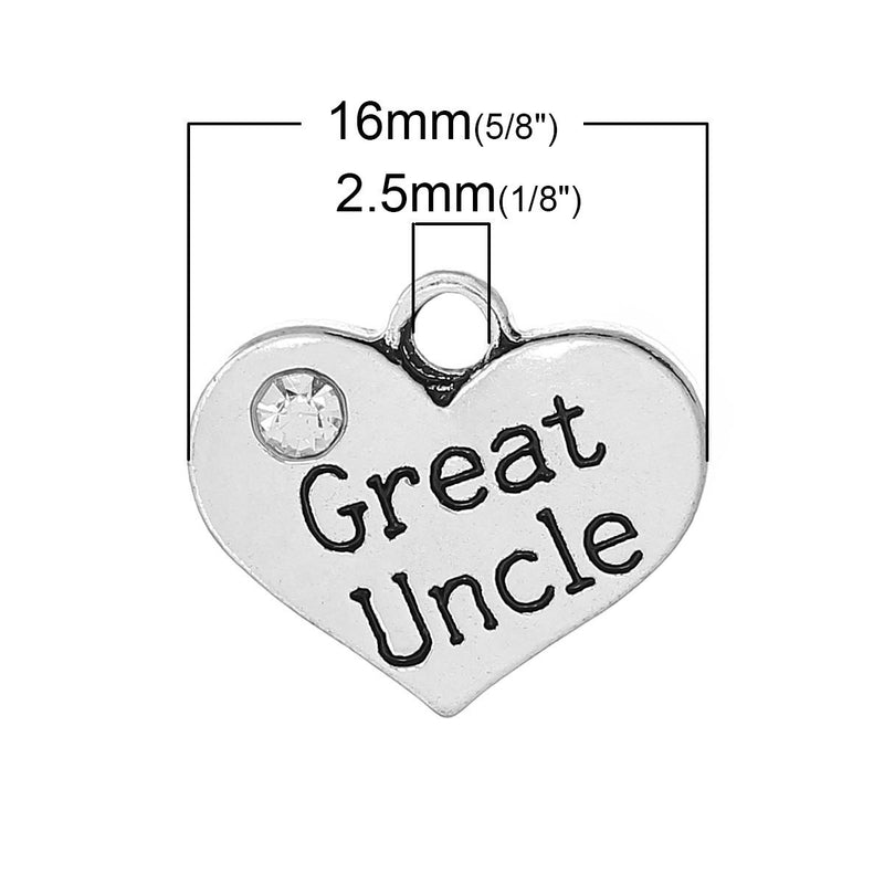 1 Antique Silver Rhinestone "Great Uncle" Heart Charm Pendant 16x14mm  chs1374