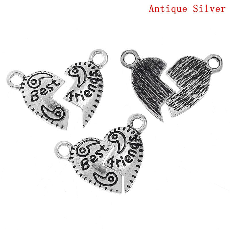 4 Sets Antique Silver Carved BEST FRIENDS Heart Charm Pendants  chs1377
