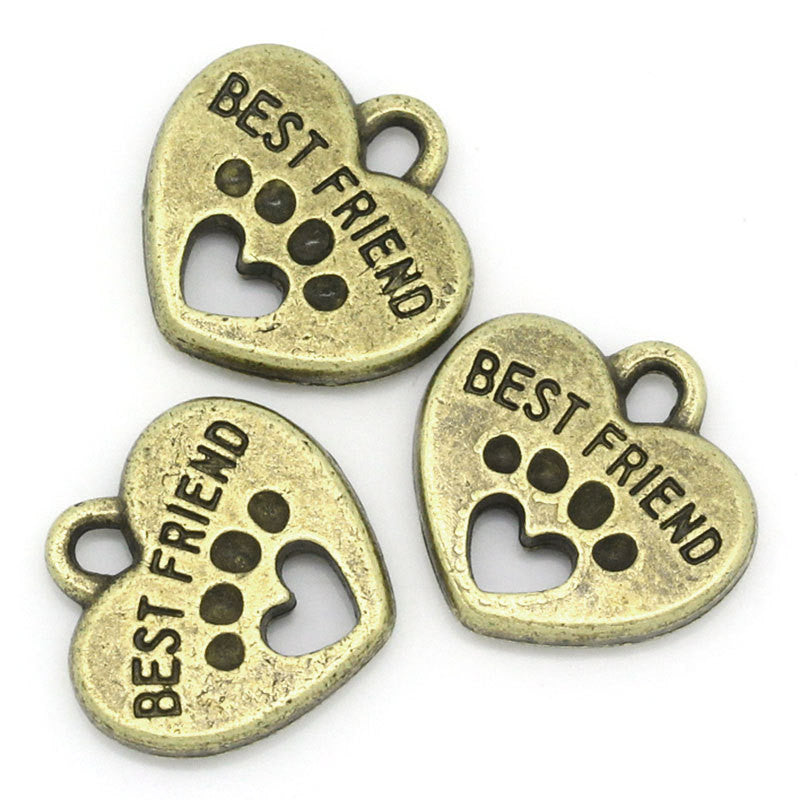 5 Antique Bronze BEST FRIEND Paw Print Heart Charm Pendants  chb0272