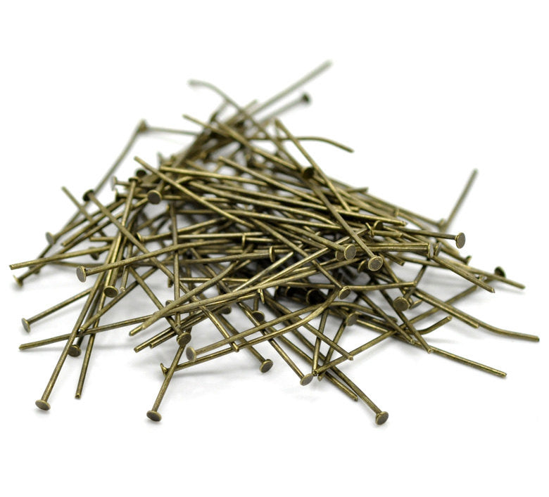 50 Antique Bronze Metal Flat Head Pins, 35mm long, 20 gauge  pin0061a