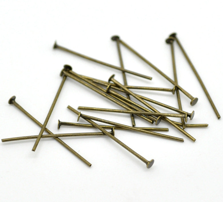 50 Antique Bronze Metal Flat Head Pins, 26mm long, 20 gauge  pin0062a