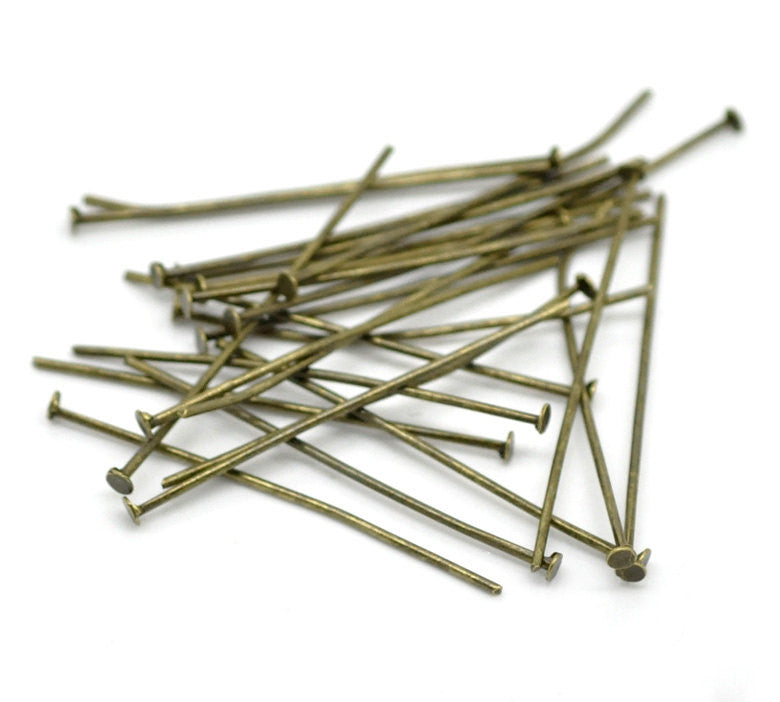 50 Antique Bronze Metal Flat Head Pins, 35mm long, 20 gauge  pin0061a