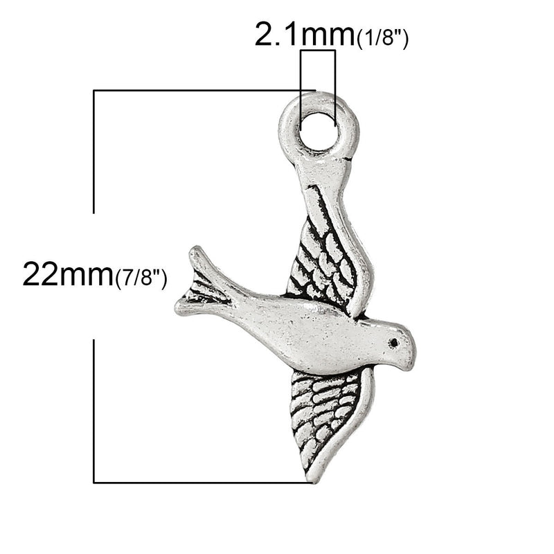 10 Antique Silver FLYING DOVE Bird Charm Pendants, Peace Dove charm, 22x14mm, chs1401