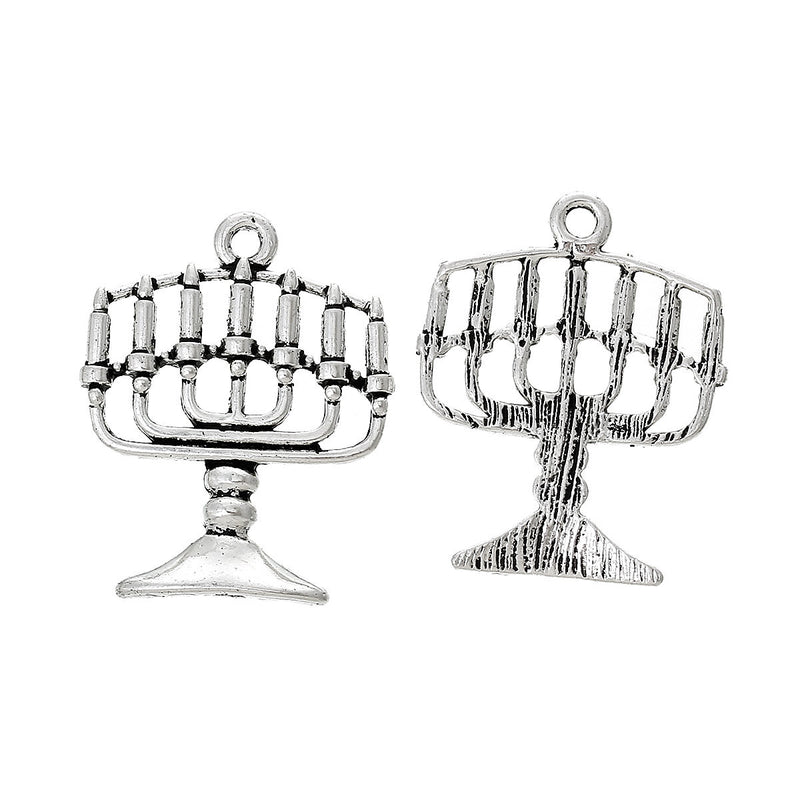 4 Antique Silver MENORAH Charm Pendants  chs1380