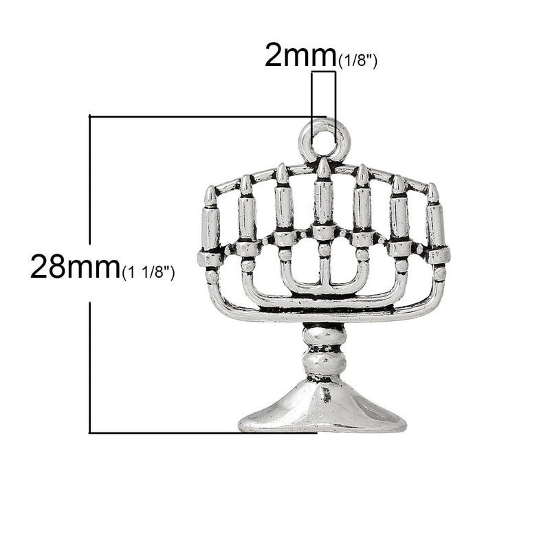 4 Antique Silver MENORAH Charm Pendants  chs1380