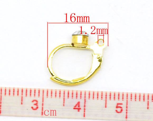 Earring clips, lever, copper, gold plated, with clear rhinestone, 16x12mm . 2 pair (4 earrings)  fin0280