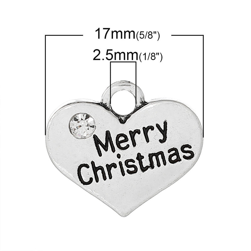 1 Antique Silver Rhinestone "Merry Christmas" Heart Charm Pendant 17x14mm  chs1393a