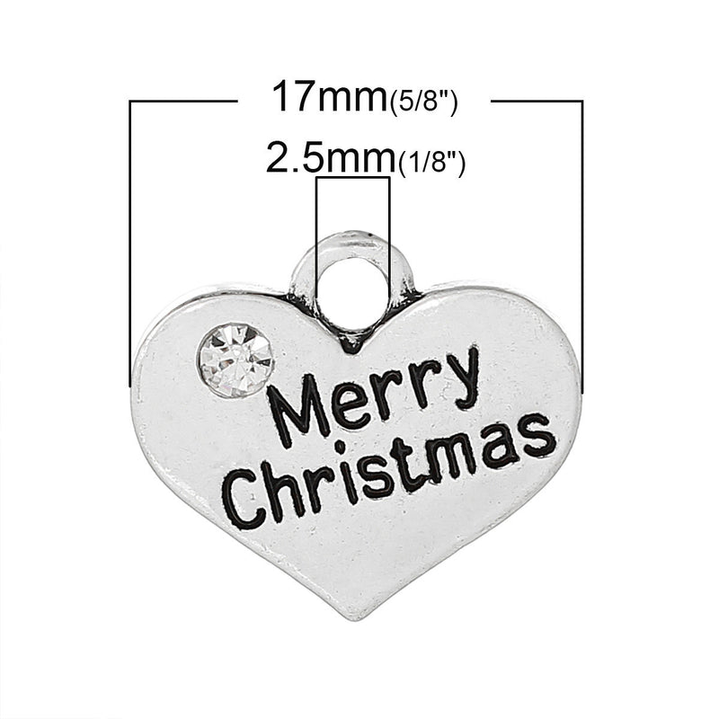 20 bulk package Antique Silver Rhinestone "Merry Christmas" Heart Charm Pendant 17x14mm  chs1393b