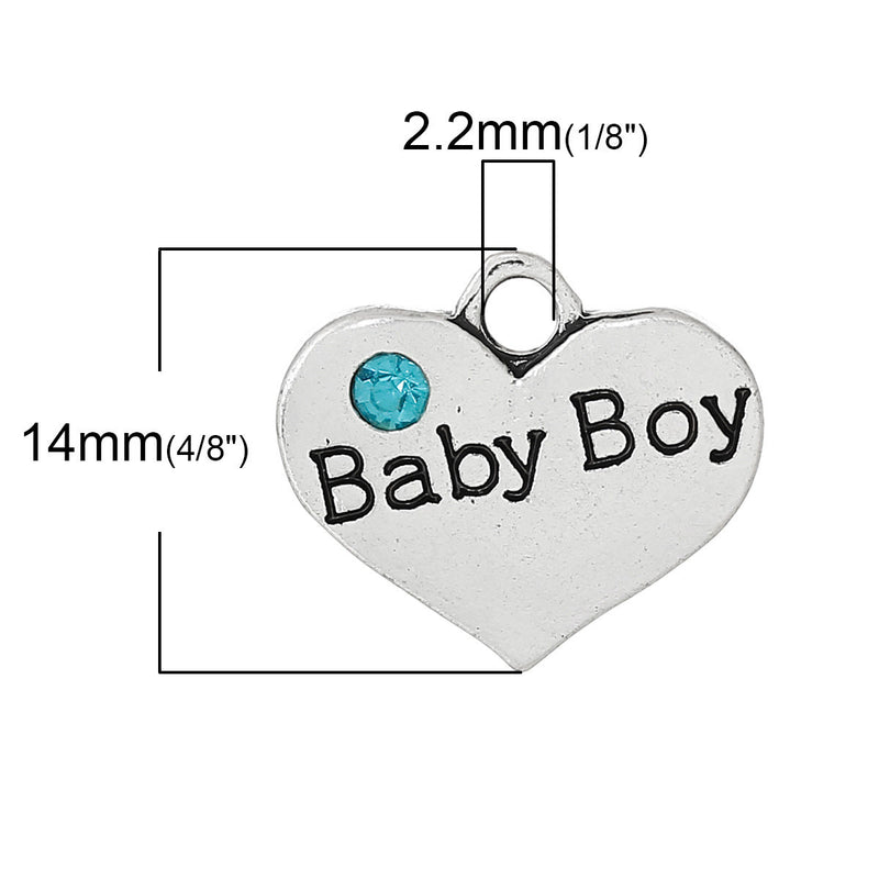 1 Antique Silver Sky Blue Rhinestone "Baby Boy" Heart Charm Pendant 16x14mm  chs1396a