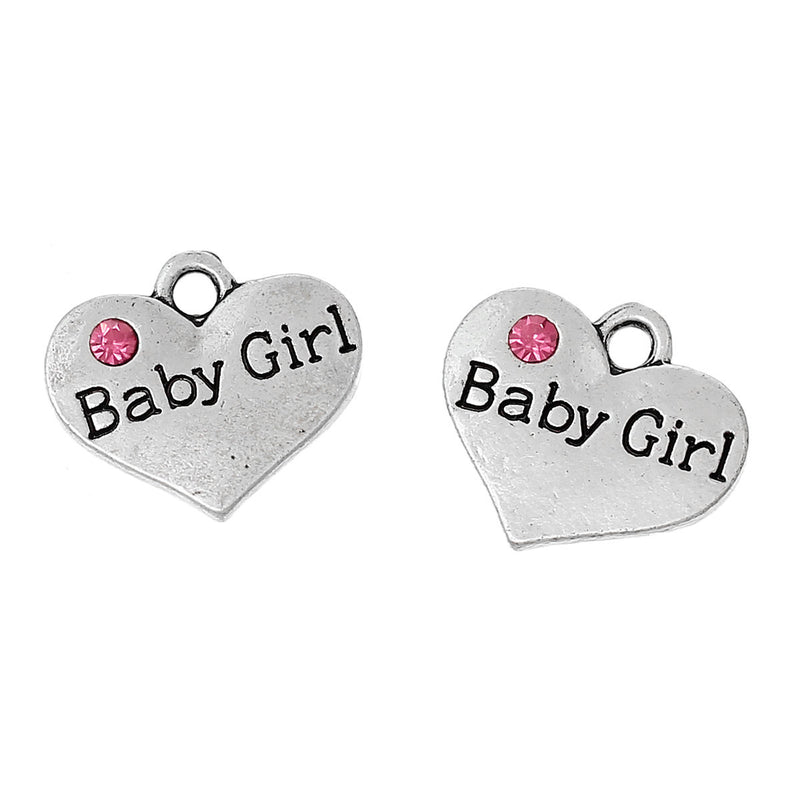 20 bulk package Antique Silver Pink Rhinestone "Baby Girl" Heart Charm Pendant 17x15mm  chs1397b
