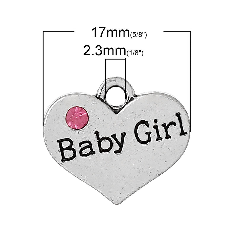1 Antique Silver Pink Rhinestone "Baby Girl" Heart Charm Pendant 17x15mm  chs1397a