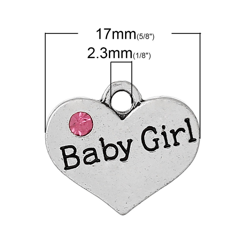 20 bulk package Antique Silver Pink Rhinestone "Baby Girl" Heart Charm Pendant 17x15mm  chs1397b