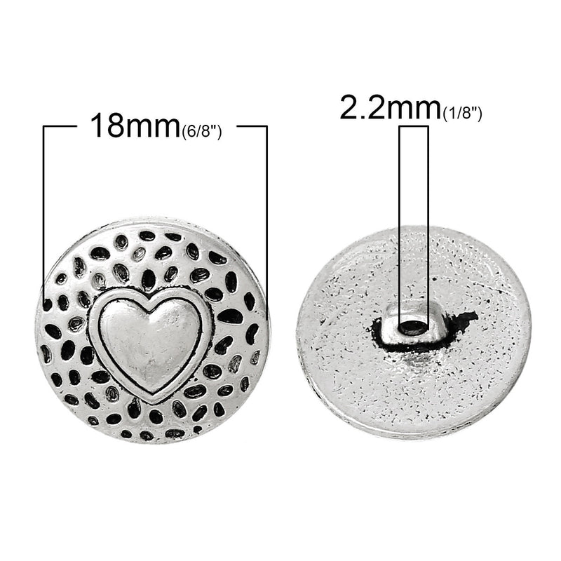 6 Antique Silver Metal Round Textured HEART Circle Shank Buttons for Jewelry Making, Scrapbooking, Sewing  but0184