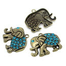 1 Large Antique Bronze Rhinestone ELEPHANT Pendant, turquoise blue crystals  chb0274