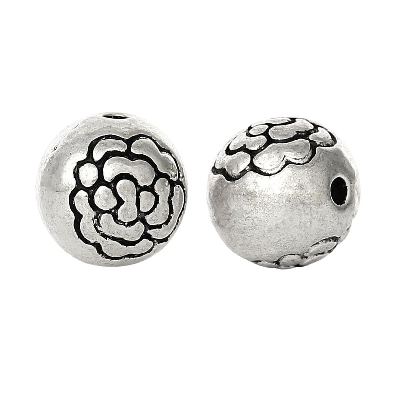 20 Round Antique Silver Carved FLOWER Metal Beads, 8mm  bme0259