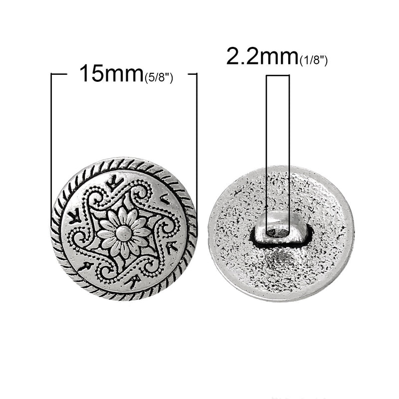 10 Antique Silver Metal Round FLOWER Circle Shank Buttons for Jewelry Making, Scrapbooking, Sewing  but0183