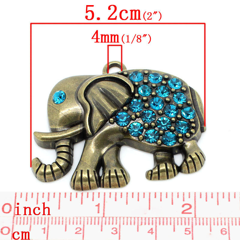1 Large Antique Bronze Rhinestone ELEPHANT Pendant, turquoise blue crystals  chb0274