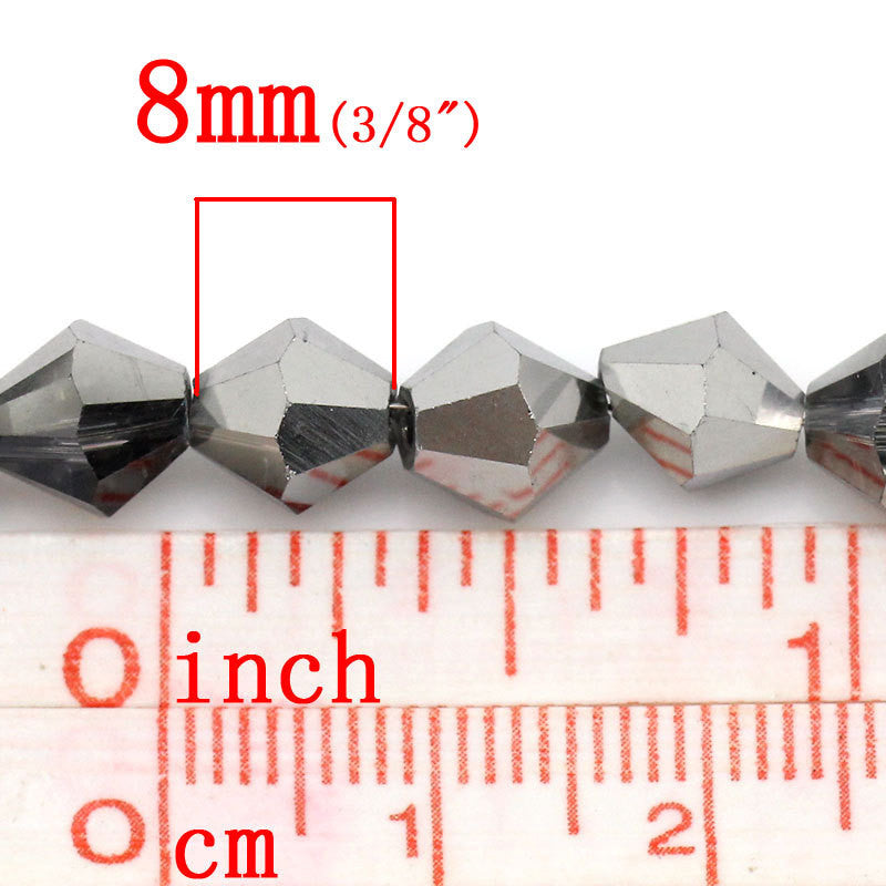 1 Strand SILVER METALLIC and GREY Faceted Bicone Glass Crystal Beads, 8x8mm  bgl0745