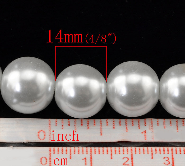 25 BRIDAL WHITE Round Glass Pearl Beads, 14mm  bgl0748