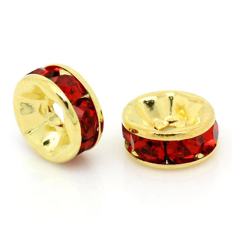 20 6mm Gold Plated RUBY RED Round Rhinestone Rondelle Beads  bme0282