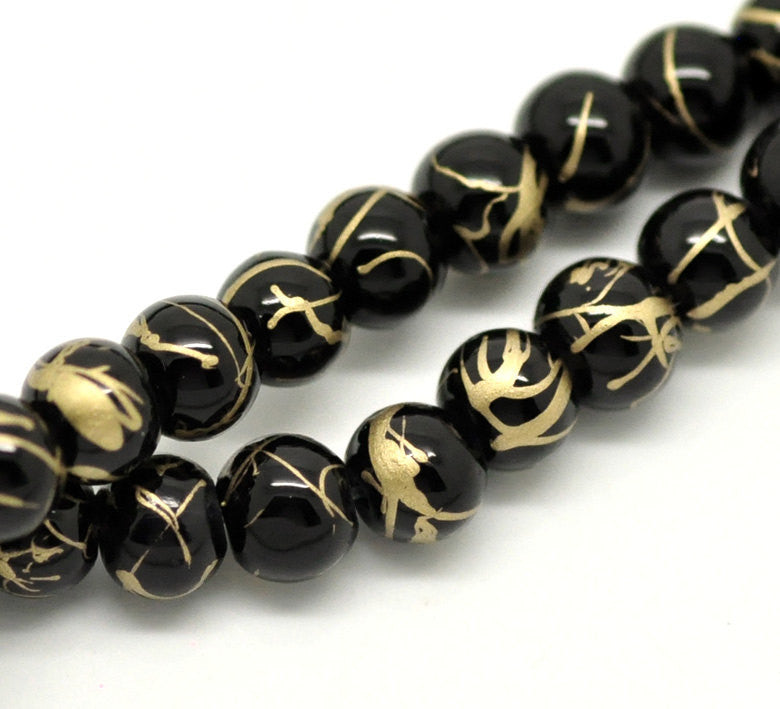 1 Strand 6mm BLACK Glass Beads with GOLD Drizzle Accents, 145 beads  bgl0749