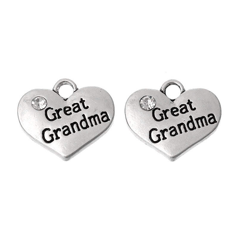 1 Antique Silver Rhinestone "Great Grandma" Heart Charm Pendant 16x14mm  chs1424a