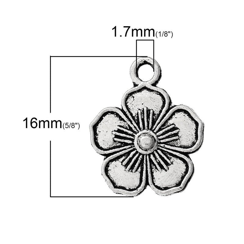 10 Antique Silver 5-PETAL FLOWER Charm Pendants  chs1435