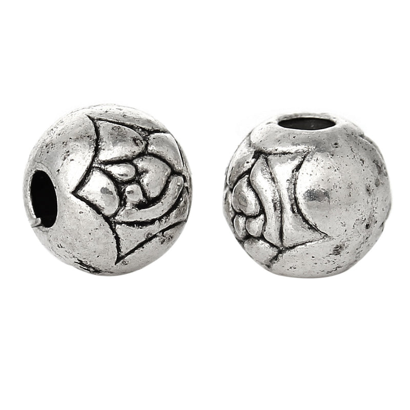 40 Antique Silver Round ROSE Pattern Metal Spacer Beads, 6mm  bme0289