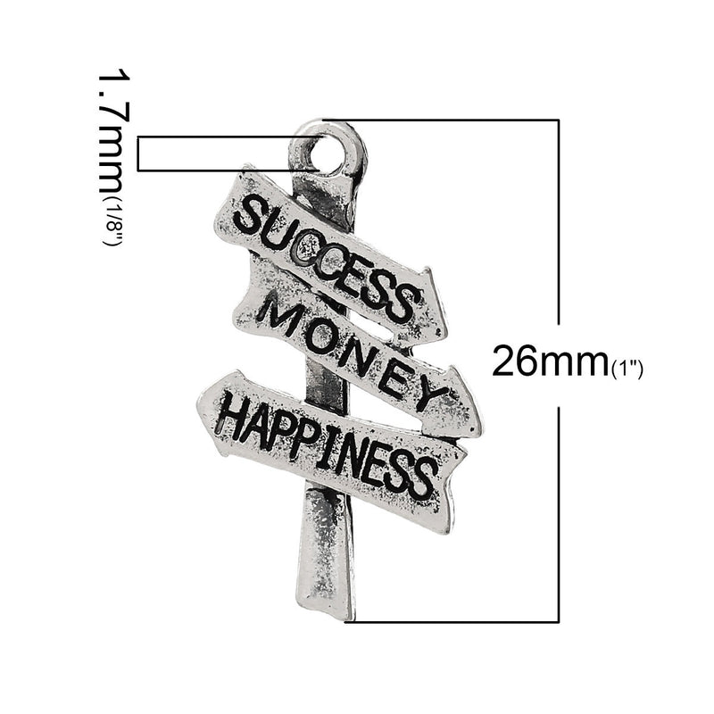 5 Antique Silver "Success, Money, Happiness" Signpost Charm Pendants chs1444