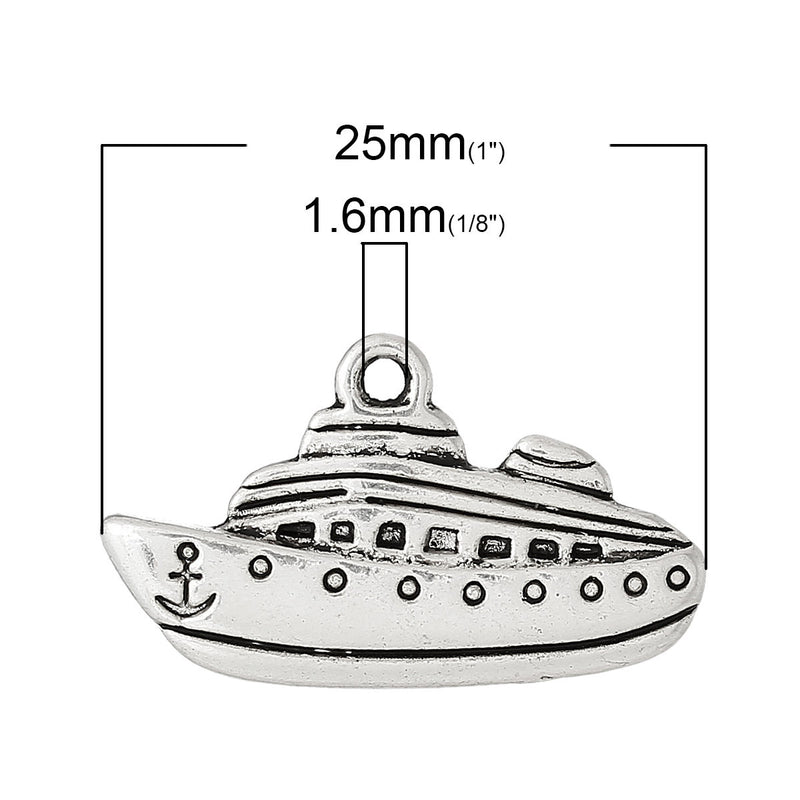 10 CRUISE SHIP Charm Pendants, Antique Silver Boat Charms, Cruise Ship with Anchor, chs1445