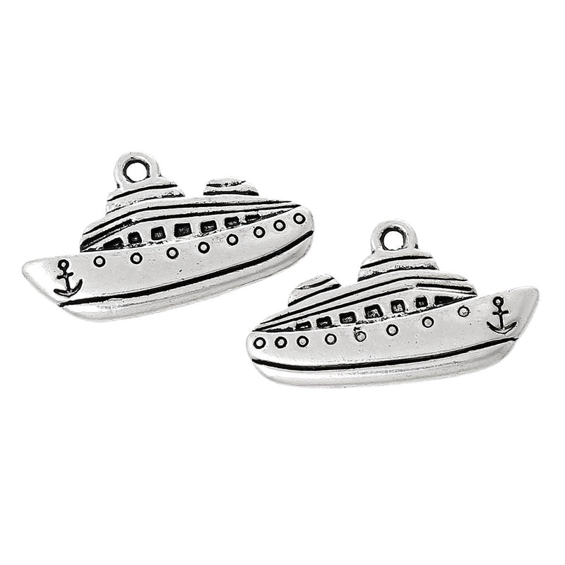 10 CRUISE SHIP Charm Pendants, Antique Silver Boat Charms, Cruise Ship with Anchor, chs1445