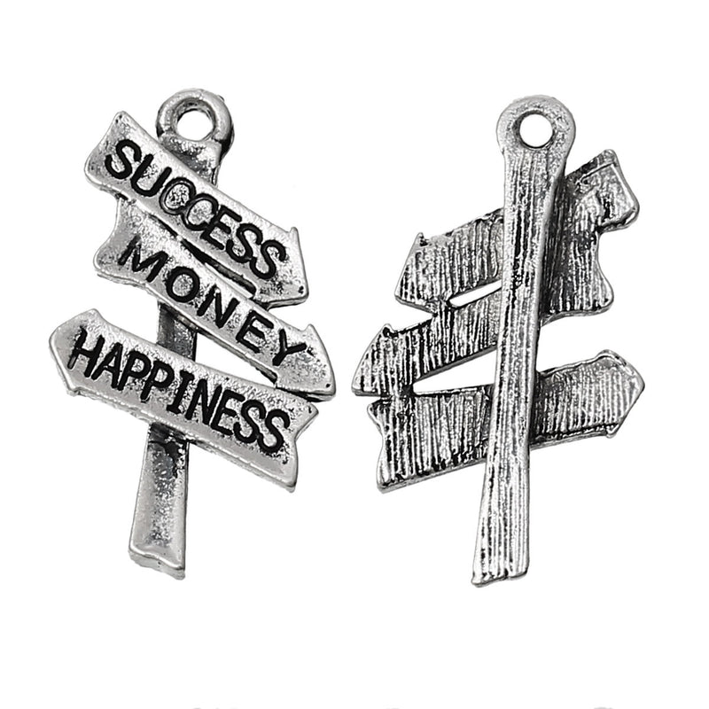 5 Antique Silver "Success, Money, Happiness" Signpost Charm Pendants chs1444