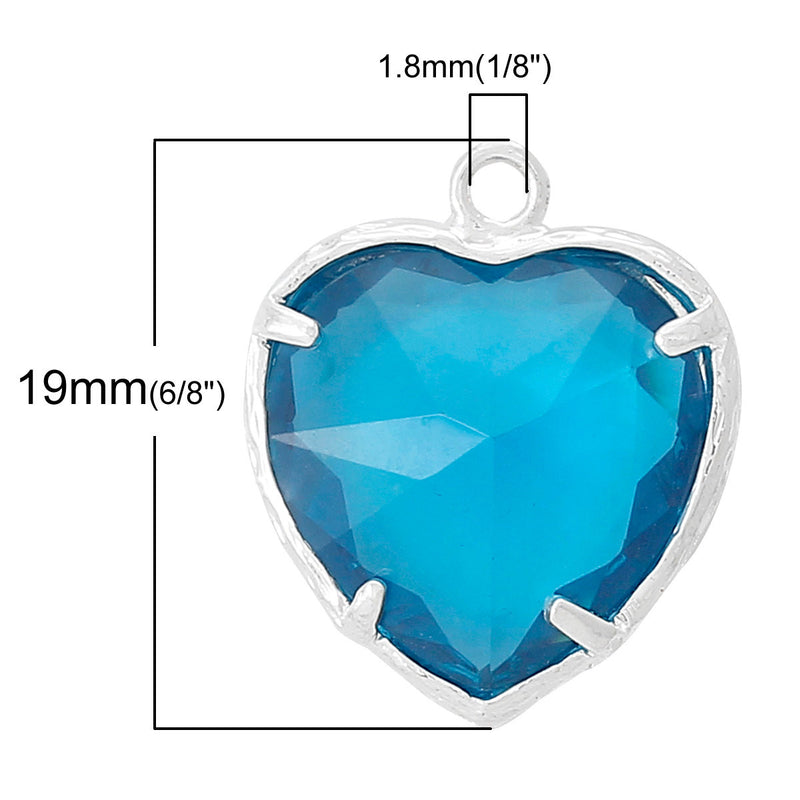 2 Blue Heart Charm, heart pendant, September birthstone heart, Silver Plated glass crystal, SAPPHIRE Blue chs1459