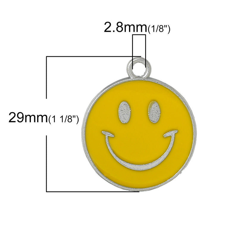 5 Large Yellow Enamel Silver Tone SMILE FACE Charm Pendants  che0390