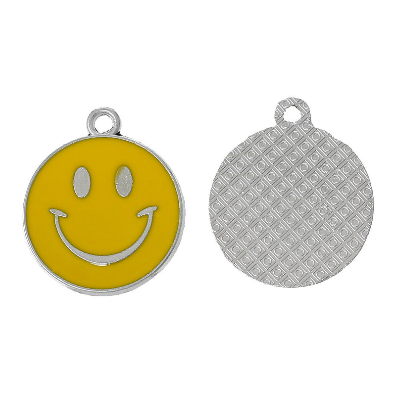 5 Large Yellow Enamel Silver Tone SMILE FACE Charm Pendants  che0390