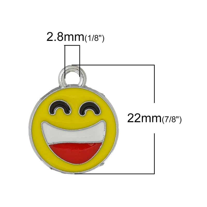 5 Silver Tone YELLOW Enamel LAUGHING Smiley Face Charm Pendants  che0398