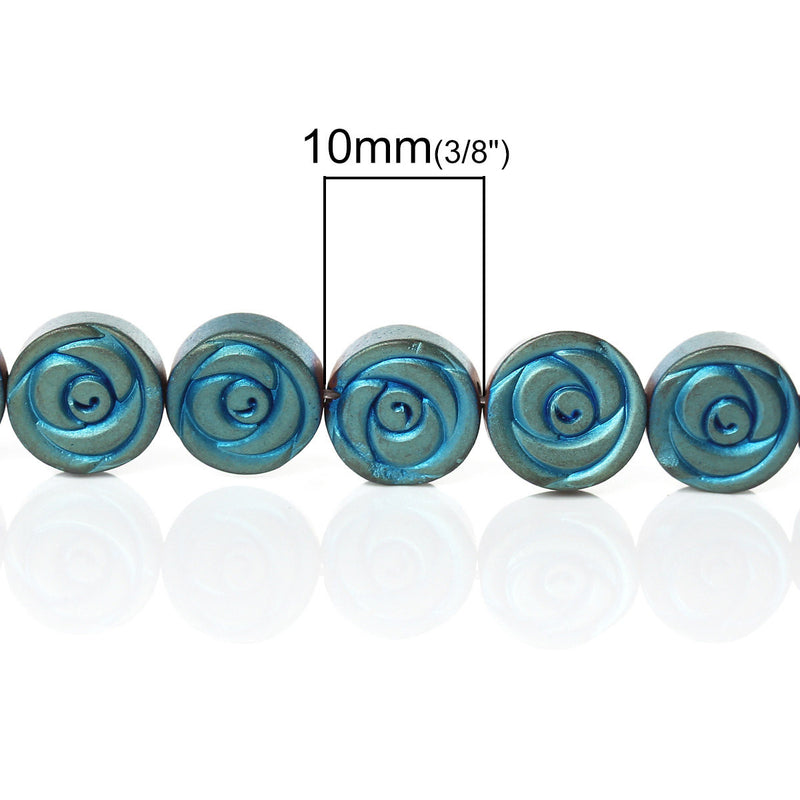 10 pcs Titanium Coated Blue Green Carved ROSE Hematite Gemstone Beads, 10mm  ghe0045
