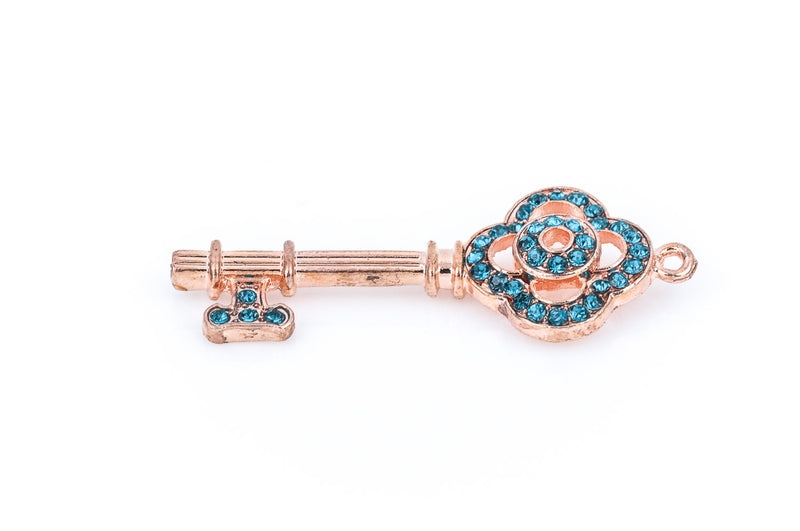 1 TURQUOISE BLUE Rhinestone Bright Copper Key Charm Pendants, 48mm x 18mm  chc0025