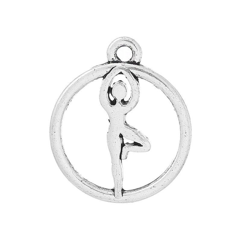 10 Antique Silver Round YOGA Charm Pendants  chs1474