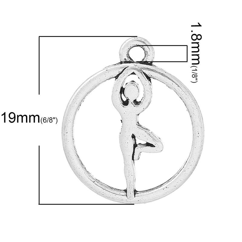 10 Antique Silver Round YOGA Charm Pendants  chs1474