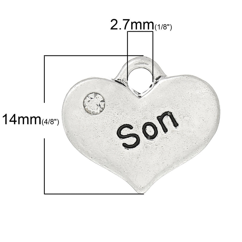 1 Antique Silver Rhinestone "Son" Heart Charm Pendant 16x14mm  chs1479a