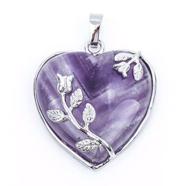 1 Amethyst Gemstone Heart Pendant with Silver Flower Accents and Bezel cgm0034