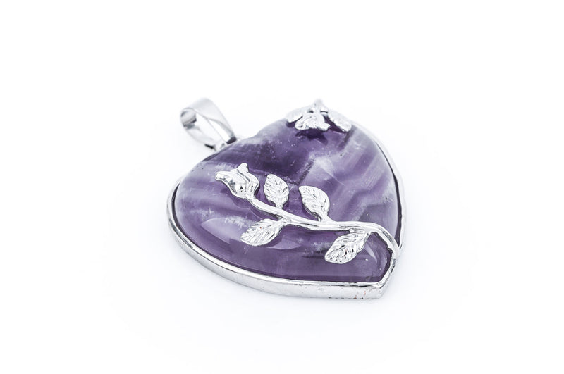 1 Amethyst Gemstone Heart Pendant with Silver Flower Accents and Bezel cgm0034