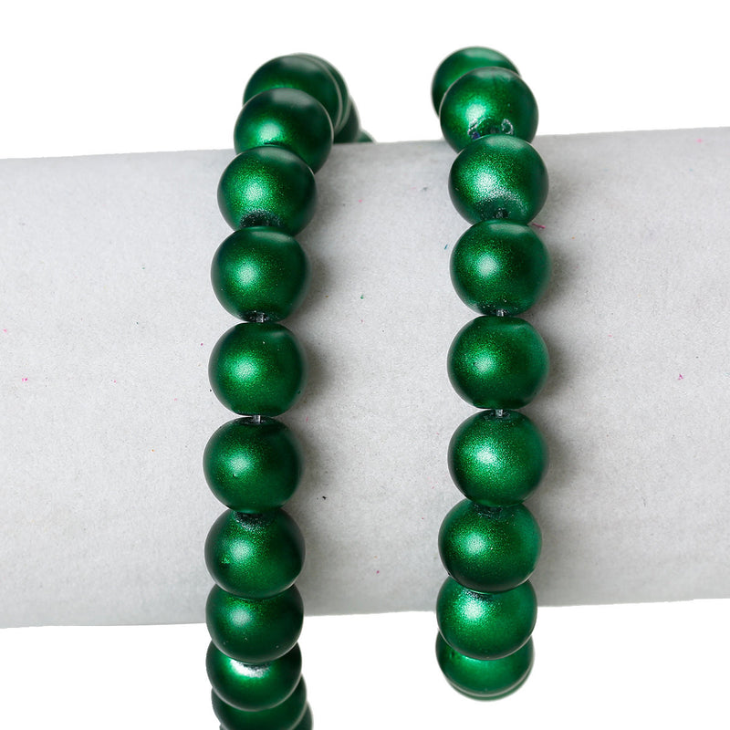 40 Round Glass Beads, Matte Metallic EMERALD GREEN  10mm  bgl0806