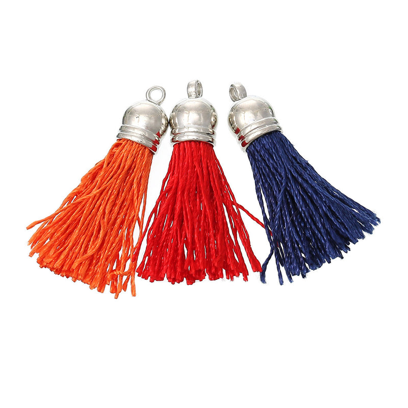 30 Mixed Color Thread Tassel Charm Pendants, SILVER base, 4cm long  cho0100